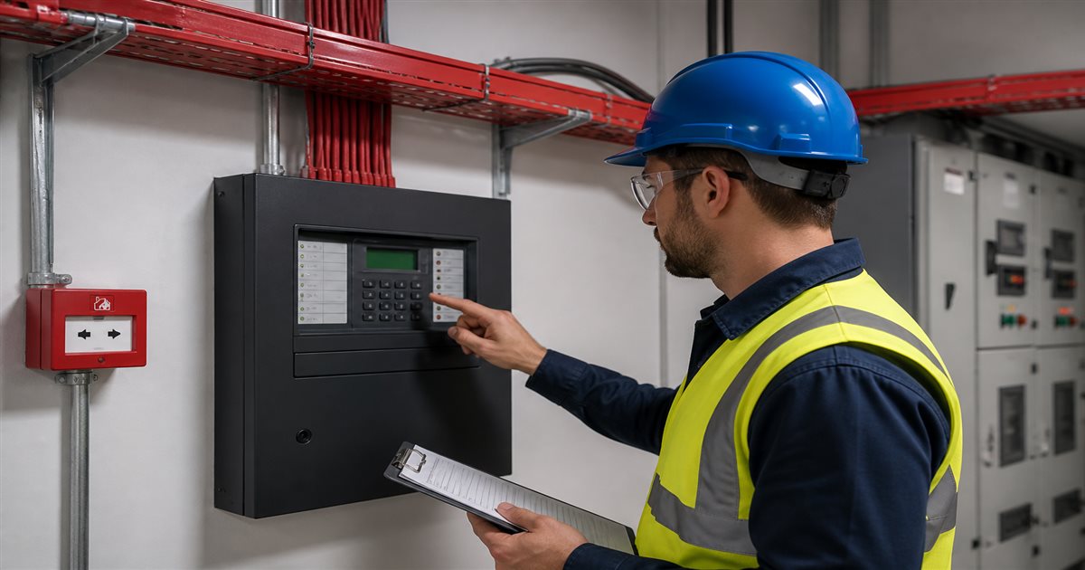 Пусконаладка адресной пожарной сигнализации: инженер проверяет ППК на объекте