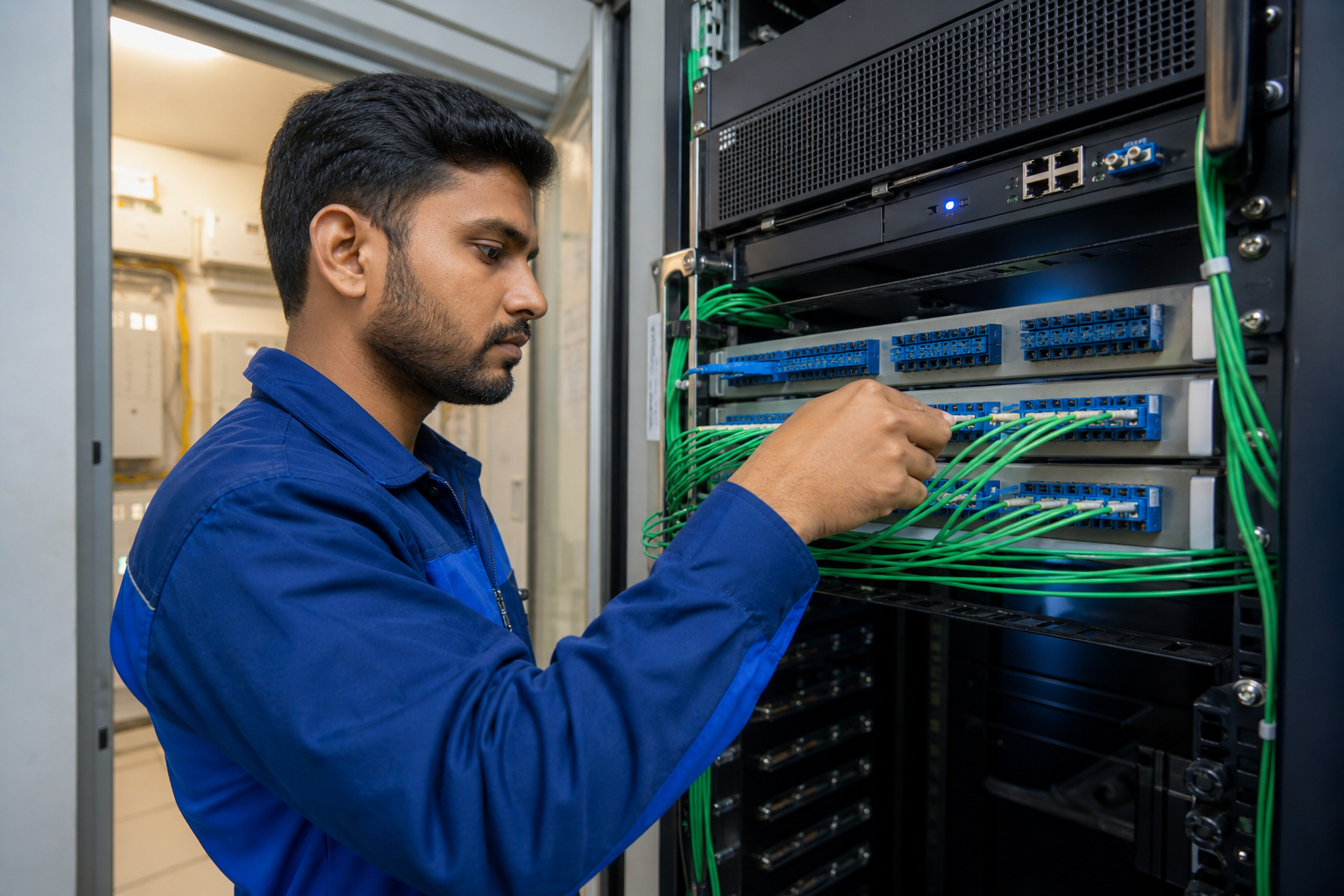Инженер настраивает GPON OLT в телеком-шкафу МКД