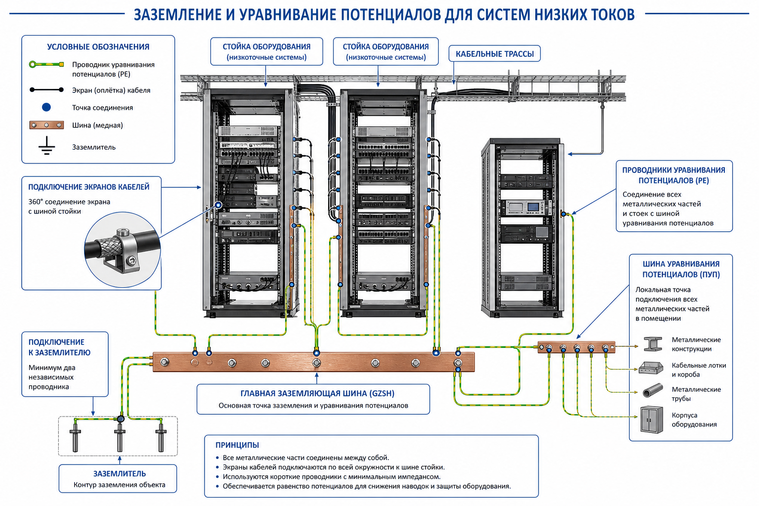 Схема заземления и уравнивания потенциалов слаботочных шкафов