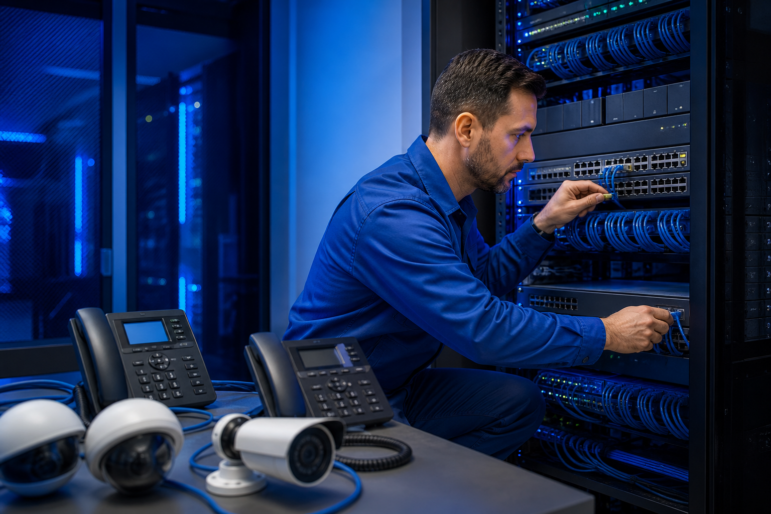 Инженер проверяет PoE-коммутатор при пусконаладке IP-камер и VoIP