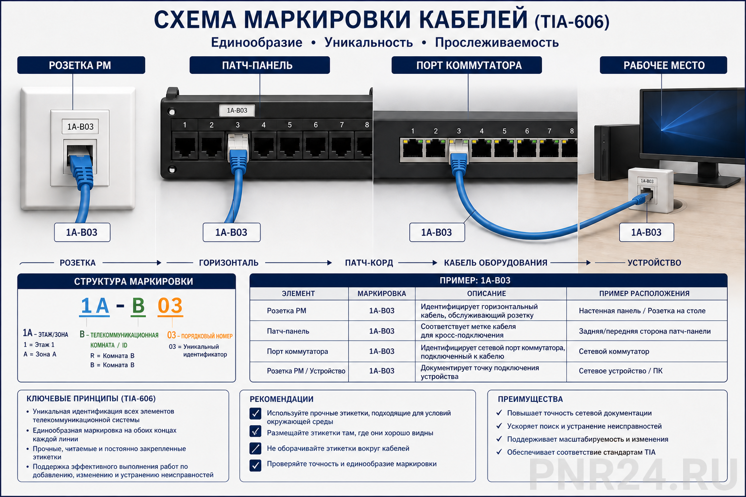 Схема маркировки СКС: от розетки рабочего места через патч-панель и патч-корд до порта коммутатора с единым идентификатором MDF-02-R12-P24