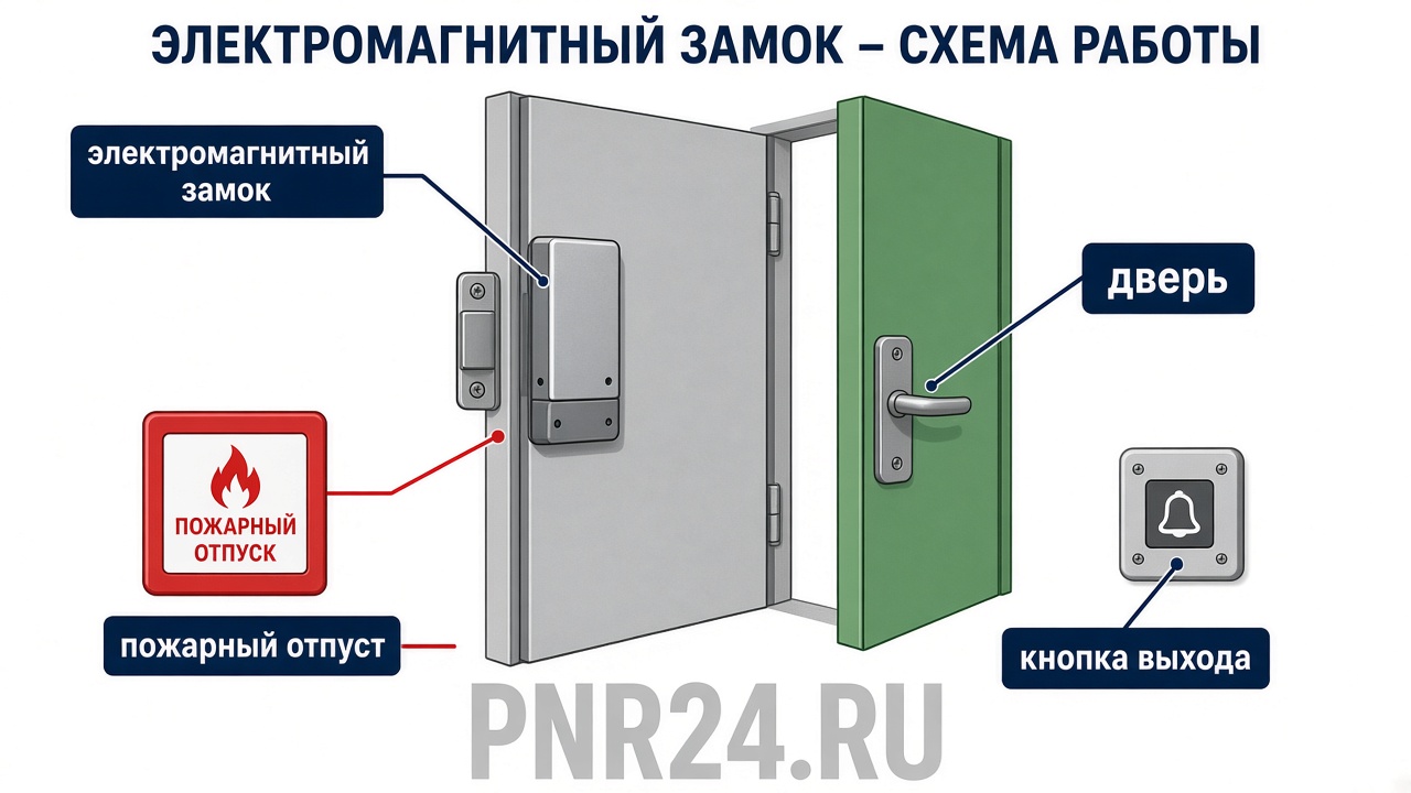 Схема ЭМ-замка: магнит, якорь, питание, реле СКУД, вход пожарного отпуска от АПС