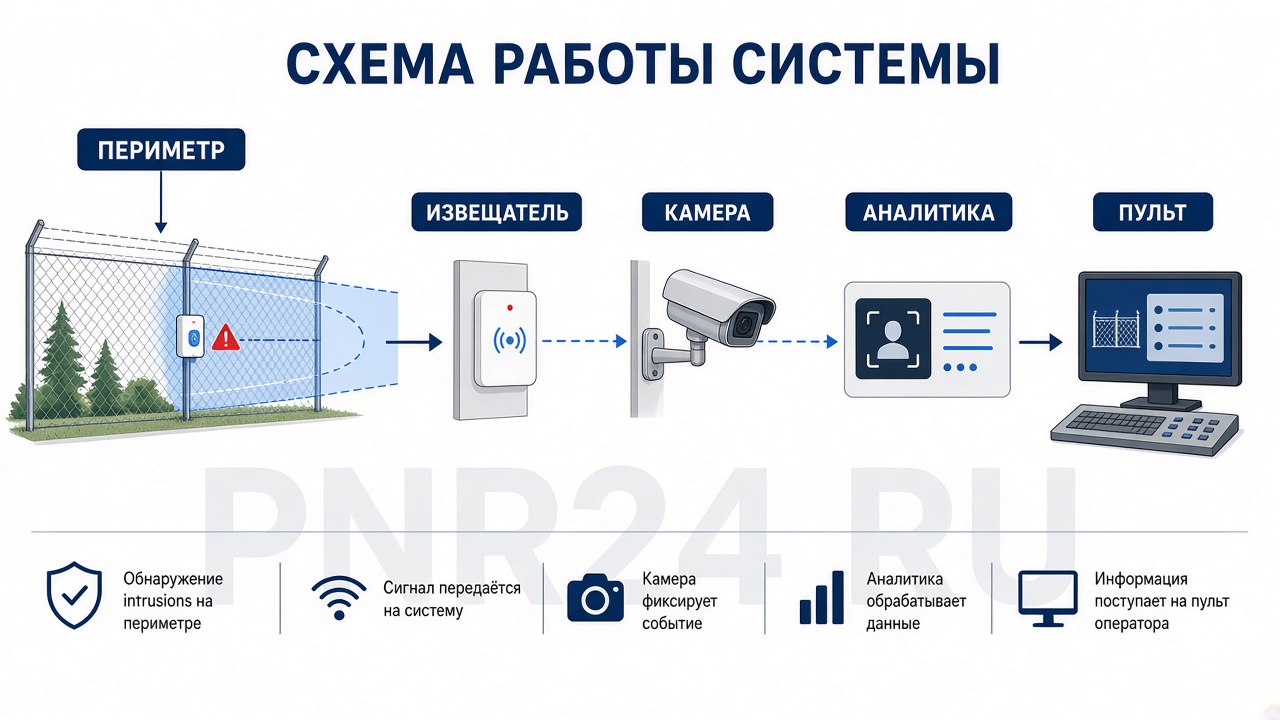 Схема периметра: извещатели ОПС, зоны, камеры с аналитикой, ППК, пост охраны