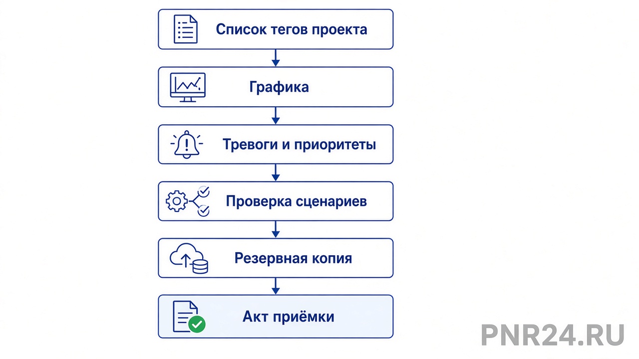 Схема приёмки SCADA/BMS: теги, графики, аварии, backup, резервирование