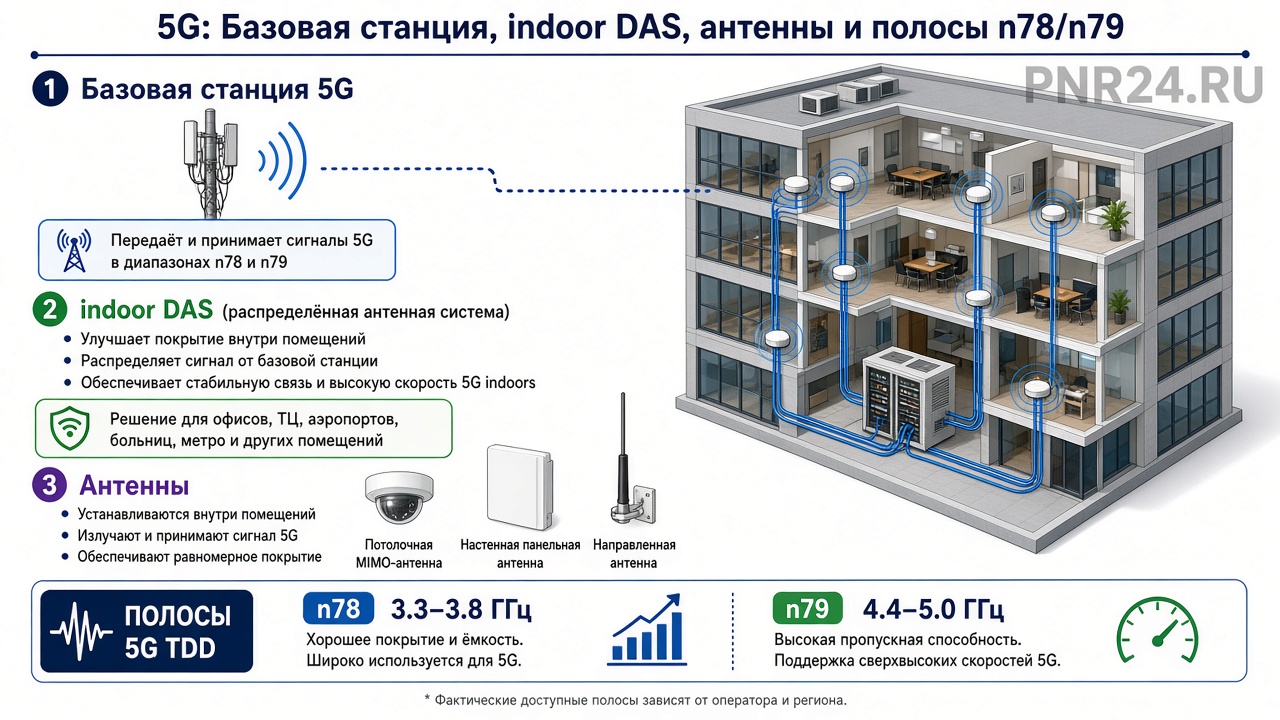Схема indoor DAS 5G NR: donor/BBU, усилители, сплиттеры, антенны, SSB, UE