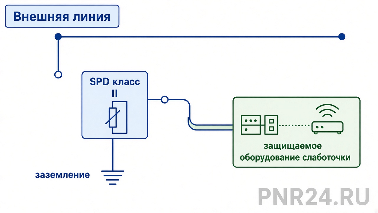 Схема зонирования и установки SPD на слаботочных линиях: ввод, шкаф, оборудование