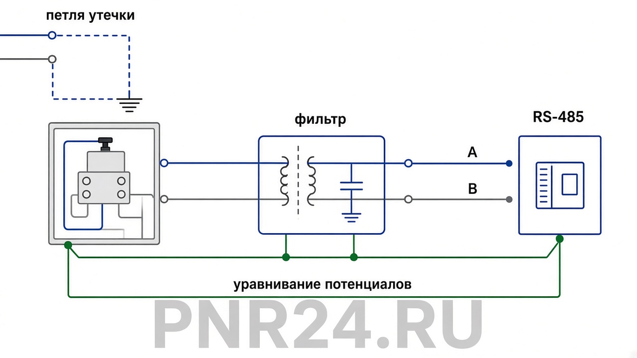 Схема петли утечки между шкафами, фильтр на питании, развязка RS-485, влияние ЧРП