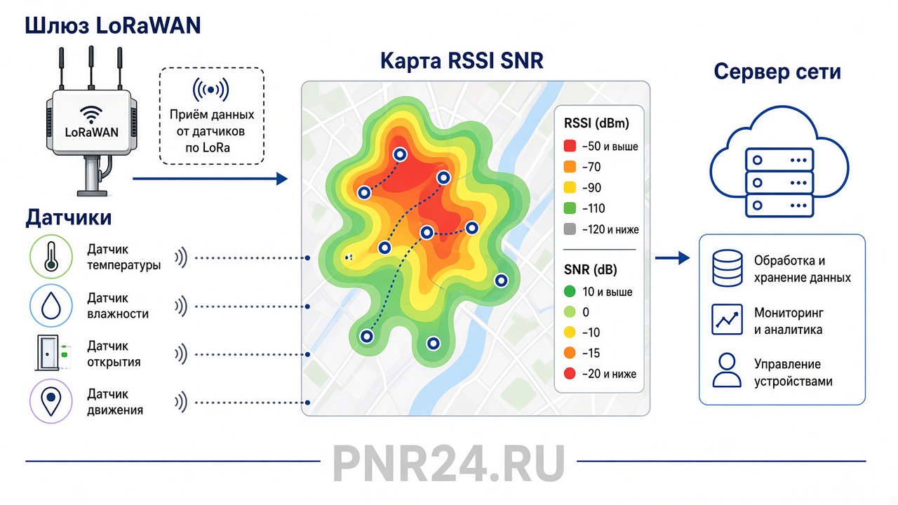 Схема LoRaWAN: конечные устройства, gateway, network server, карта RSSI/SNR
