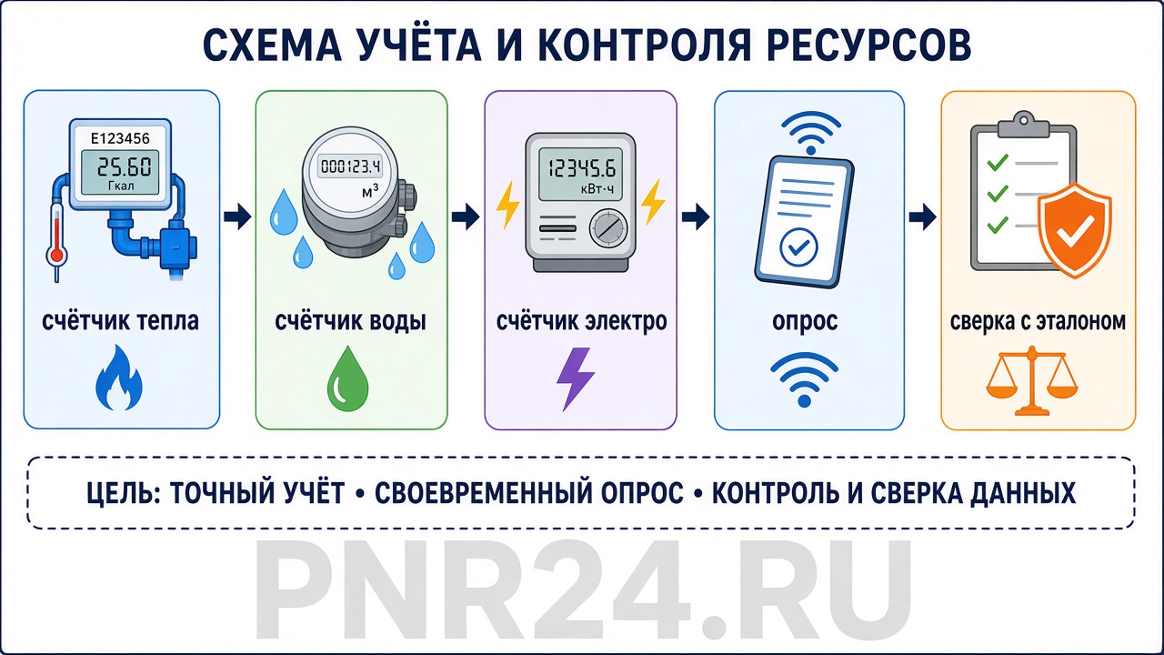 Схема опроса узлов учёта: счётчики тепло/вода/электро, шлюз, сверка с эталоном и диспетчеризация